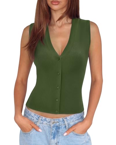Image of SUUKSESS Women Sleeveless Sweater Tops Summer V Neck Button Down Vest Tops Business Casual Work Shirts