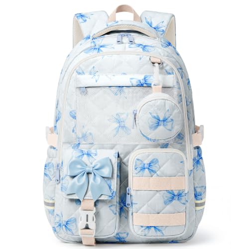 WOBAGMEN Mochila acolchoada para meninas com bolso de tela para exibição, linda bolsa escolar floral Kawaii para alfinetes, emblemas, pelúcias, Laço azul, Medium, Moderno