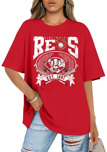 Baseball Shirts Women Oversized Baseball Team Graphic Tshirt Game Day Mom Shirt Funny Baseball Fan Tee Casual Tops Red