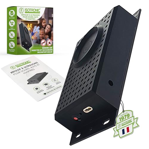 ISOTRONIC Répulsif pour Les martres, Souris et Les Rats avec Fonction de lumière/Clignotant LED Ultrasons pour la Voiture, la Maison, Le Garage et Le Grenier