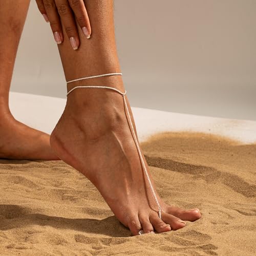 Image of Moodear Ankle Bracelets for Women No Tarnish - Trendy Waterproof 925 Sterling Silver Plated Glitter Anklets for Women Layered Foot Toe Link Chain Rings for Women Summer Anklet Dainty Jewelry Gift