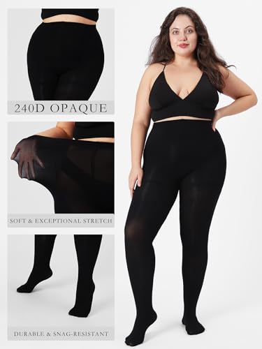 Plus Size Opaque Tights for Women 240D Soft Solid Color Footed High Waist Control Top Pantyhose3