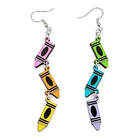 Double Sided Wooden Pencil Crayon Earrings Teacher Earrings for Women Handmade Funny Pencil Book Drop Dangle Earrings for Teachers Appreciation Day Back to Creative Jewelry Gifts (3 Painting brush Earrings) Cover