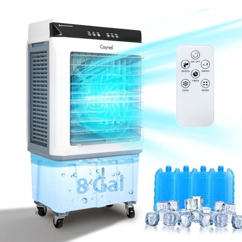 CAYNEL Evaporative Air Cooler, 120W Cooler with 8 Gallon Water Tank, Touch Screen and Remote Control, 12 Hour Timer, 3 Fan Speeds, Outdoor Air Cooler for Yard, Patio, Porch, Factory