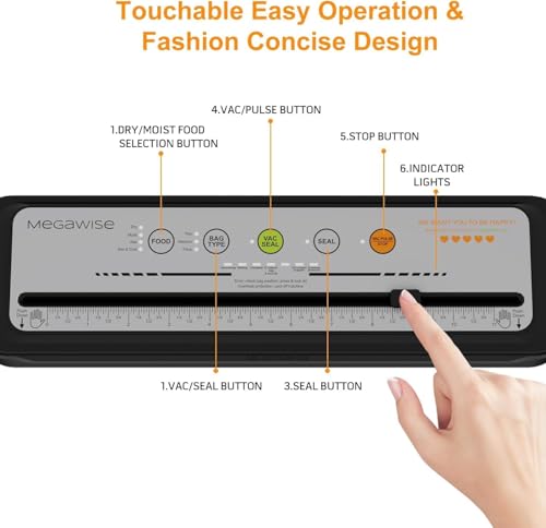 Image of MegaWise Vacuum Sealer Machine, 80kPa Powerful Suction, One-Touch Automatic Food Sealer with Built-in Cutter & Bags Included, Dry Moist Modes for All Saving needs