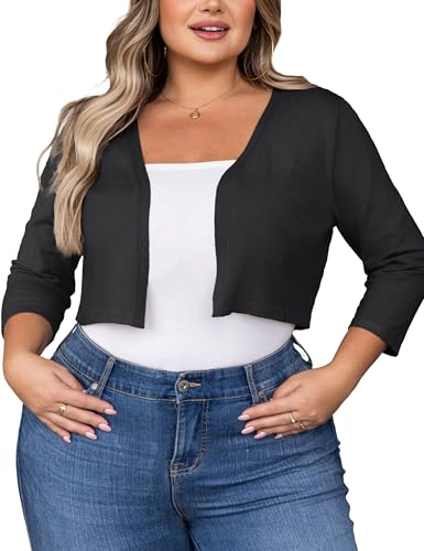 Women's Plus Size Cropped Cardigan Lightweight 3/4 Sleeve Boleros Shrug Sweaters for Dresses (1X-4X)3