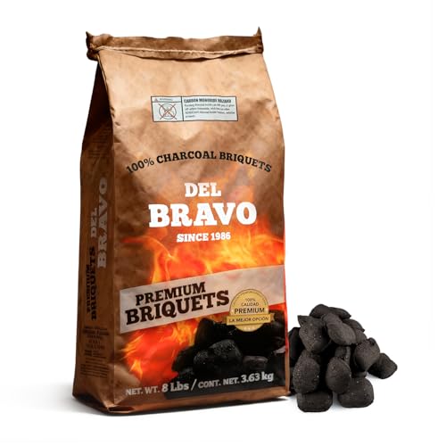 Del Bravo Charcoal Briquettes – Long-Lasting, Clean-Burning Charcoal for Grilling with Even Heat, Low Ash & Easy Lighting – 100% Natural, Chemical-Free Fuel for BBQ or Smoker – 8 lb | 1-Pack