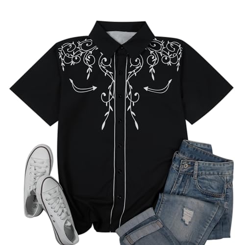 Western Cowboy Shirts for Men Retro Print Western Country Shirt Men Short Sleeve Cowboy Collared Button Down Tops
