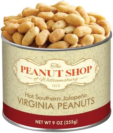 The Peanut Shop of Williamsburg Hot Southern Jalapeno Peanuts with Jalapeno, Onion, Garlic, Hand Cooked Virginia Peanuts, Gluten Free, Kosher - 9 Oz Tin