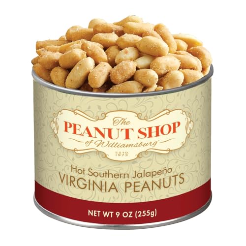 The Peanut Shop of Williamsburg Hot Southern Jalapeno Peanuts with Jalapeno, Onion, Garlic, Hand Cooked Virginia Peanuts, Gluten Free, Kosher - 9 Oz Tin