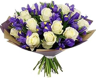 Fresh White Roses with Blue Iris Flowers Delivered for Birthdays, Anniversaries and Thank You Gifts Flowers Delivered Next Day