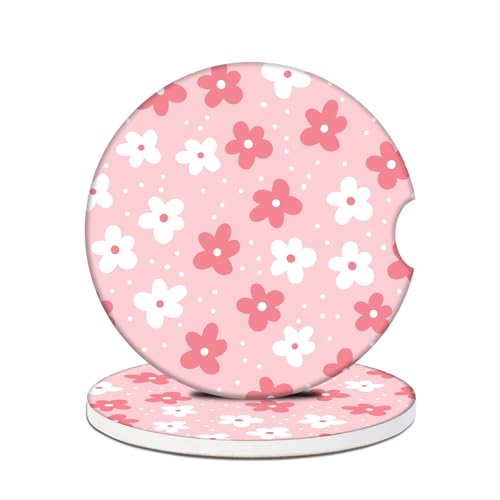 Car Cup Holder Coasters - White Pink Boho Flower Absorbent Ceramic Coaster 2 Pack, Anti Slip Car Coasters for Cup Holders, Fashion Car Interior Accessories Drink Coaster for Women & Men