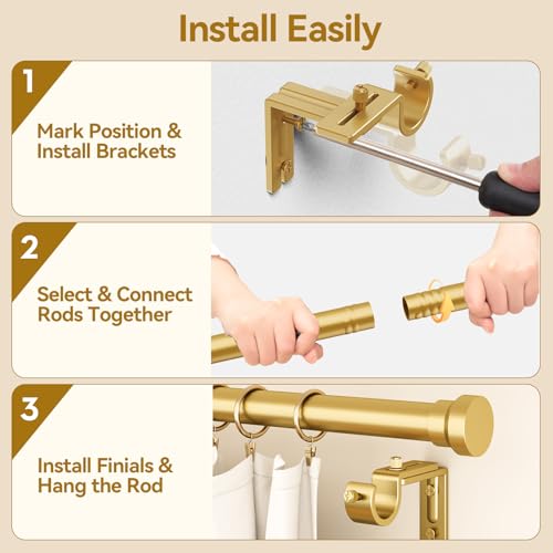 Image of YaFex Curtain Rods 32-170 Inch, Heavy Duty 1 Inch Adjustable Curtain Rod for Windows, Gold Extra Long Window Treatment Rods, Modern Design, Easy Installation