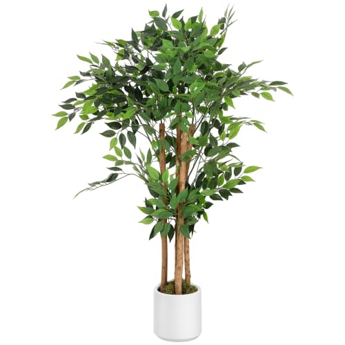 HOMCOM 120cm Artificial Ficus Tree Decorative Artificial Plant with Solid Wood Trunk and Pot for Indoor Living Room Home Office Decor Green