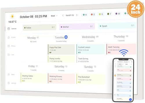 Smart Calendar Digital Chore-Chart for-Meal-Planner - 24 Inch Electronic Calendar for Family Schedules, Touchcreen Interactive Display, Auto-Sync Google/iCloud/Outlook Calendars, Selectable Reminders