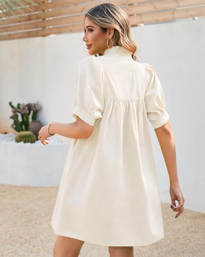 Image of YEXPINE Women's Ruffle Collar High Neck Mini Dress Puff Short Sleeve Cotton Babydoll Peplum Dresses with Pockets