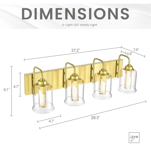 Image of zeyu 24W Dimmable Gold Bathroom Vanity Light, 4-Light Gold Bathroom Light Fixture with 5 Color Modes, Brushed Gold Finish with Crystal Bubble and Clear Glass, ZSL72B-4W LED BG
