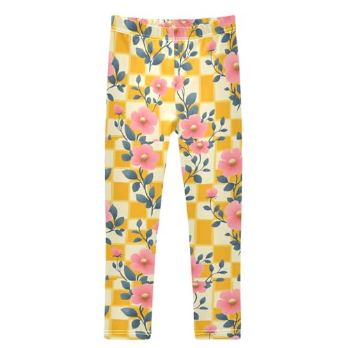 Boccsty Yellow Checkered Pink Flowers Girls Leggings Kids Yoga Pants Dance Active Tights 4T