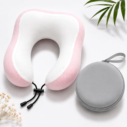 Image of Memory Foam Travel Neck Pillow with Storage Case | Soft Stretchable Fabric, Ergonomic U-Shaped Neck Support Cushion for Airplane, Car, Train & Office Travel (Pink)