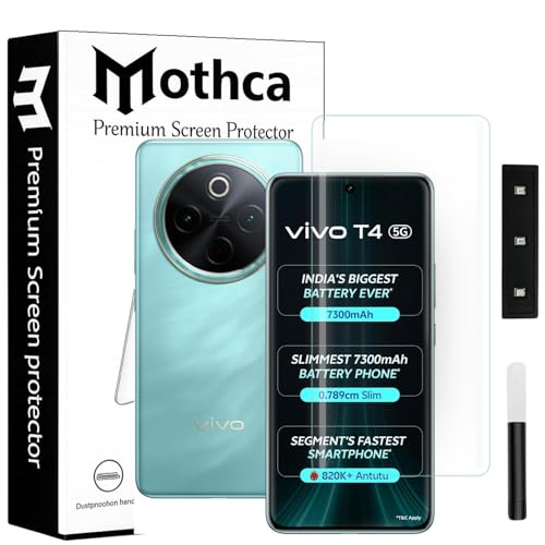 Image of Mothca Advanced Curved UV Tempered Glass Screen Protector for Vivo T4 | Transparent | Pack of 1 | Full Screen Coverage with UV Installation Kit