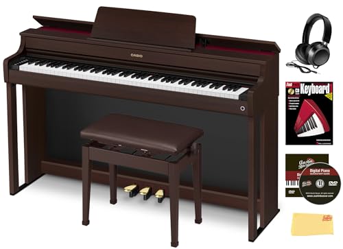 Casio AP-300 CELVIANO 88-Key Digital Piano - Brown Bundle with Furniture Bench, Headphones, Instructional Book, Austin Bazaar Instructional DVD, and Polishing Cloth