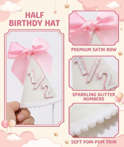 Image of piercing Half Birthday Decoration for kids, 1 /2 Birthday Decorations for kids, Half Way to One Decoration, Half Birthday Cap, Adorable Party Hat Milestone, Great for Photo Shoots