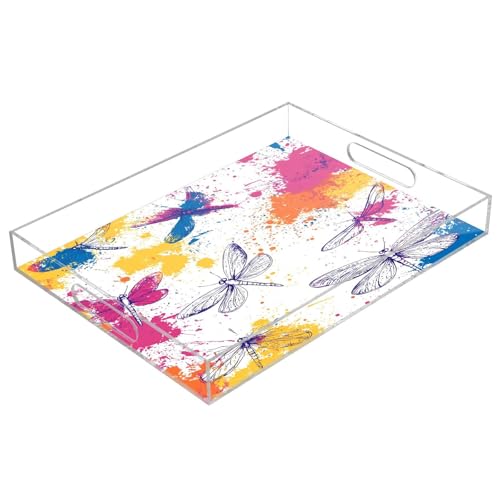 BOESI Graffiti Dragonfly Pattern Acrylic Decorative Dining Tray, Acrylic Decorative Tray Organizer with Handle for Kitchen, Dining Room, Bathroom, Dresser
