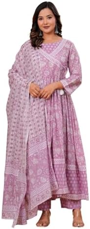 Women's Cotton Anarkali Kurta Set with Dupatta | Light Purple Han...