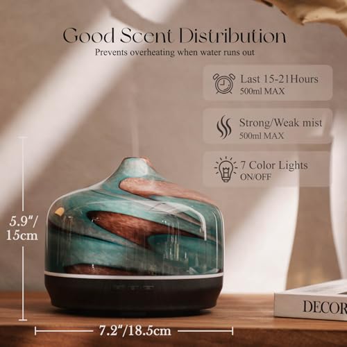 Porseme 500ml Glass Essential Oil Diffuser Aromatherapy Ultrasonic Cool Mist Humidifier 15-21 Running Hours Waterless Auto-Off Air Diffusers for Sleeping Yoga Working Spa(Teal Green) — view 3
