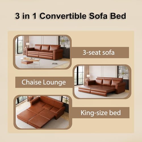 DNChuan 93.7\" Pull Out Sofa Bed King Size with Pillows,3-in-1 Convertible Sleeper Couch with Nails Trim,PU Leather 3 Seater Sofabed for Living Room,Light Brown - Thumbnail 4