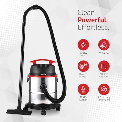 Image of IBELL AeroVac 2000 Wet & Dry Vacuum Cleaner for Home, 1600W Powerful Motor, 21L Large Capacity Tank, HEPA Filtration, Blower Function, Durable Stainless Steel Body (Black /Red /Steel)