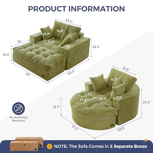 Image of MAXYOYO Modular Sectional Chaise Lounge Sofa, 2 Sets Upholstered Lounge Chair with Ottoman, Comfy Round+ Square Couch with Layered Cushion, Tufted Sleeper Chair for Living Room, No Assembly, Green