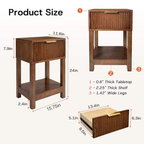 Image of Solid Wood Nightstand with Drawer, Mid-Century Real Wooden Bedside Table with Storage,Modern Fluted End Table for Bedroom Sofa Couch Office,15.75 inch L x 11.81 inch W x 23.62 inch H Walnut.