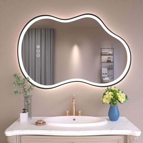 WTTY LED Irregular Bathroom Mirror 24x36 Inch with Front & Back Lights - Asymmetrical Design, Anti-Fog, Dimmable 3 Color Temperatures, Shatterproof Glass, Horizontal or Vertical Mount (Black Frame) by WTTY - Used condition - US$126.55