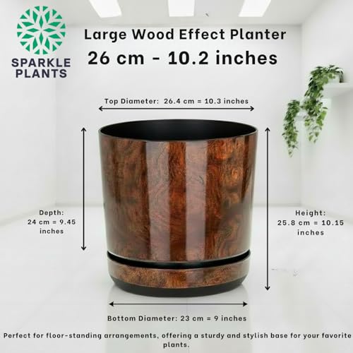 KORAD Wood Large Flower Indoor Plant Pot with Saucer Plastic Gloss Modern Decorative Planter with Drainage Holes, 6 Sizes, 25 colours (26 cm - 10.2 inch) - Image 2
