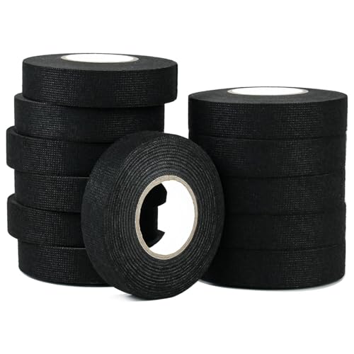 CHUANGSEED 12pack-Wiring Hardness Tape 19mmx 15m Black Loom Binding Felt for Heat Resistant Insulation Tape for Wires Noise Damping Car Cables Fixed Black Adhesive Fabric Cloth Tape