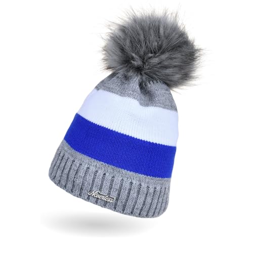 Neverless Dicke, gestreifte Damen Strickmütze gefüttert mit Kunstfell-Bommel, Strick-Beanie, Winter-Mütze, Grau-blau-Weiss Unisize