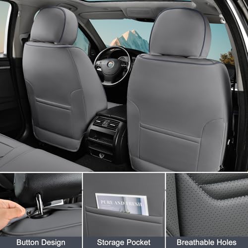 Image of TIEHESYT Leather Seat Covers Front Pair with Lumbar Support & Headrest, Breathable and Waterproof Car Seat Cover, Universal Seat Covers for Cars, Trucks, SUVs, Airbag Compatible, Gray