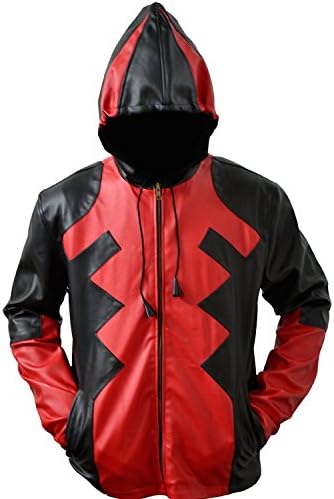 M2M Men's Deadpool Stylish Hooded Real Leather Jacket (XS, black&red)