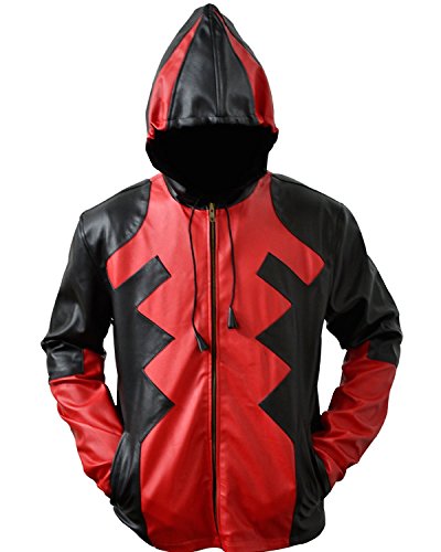 M2M Men's Deadpool Stylish Hooded Real Leather Jacket (Xs, Black&Red) #TOP2