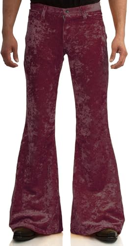 Image of Men's Velvet Relaxed Vintage 60s 70s Bell Bottom Stretch Fit Classic Comfort Flared Flares Retro Leg Disco Pants
