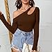 Women's Temperament Slanted Off Shoulder Long Sleeved Irregular Knitted T Shirt with Slim Fit Short Sleeve T (Brown, M)