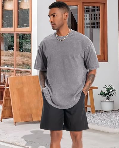 Oversized Tshirts for Men Short Sleeve Vintage Washed Basic Loose Tees, Solid Grey, L - Image 8