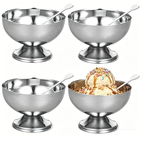 4PCS Stainless Steel Ice Cream Cups,5.5OZ Silver Dessert Bowls with Forks Small Metal Footed Cup for Serving Salad Summer Luau Party Supply,Coupe Glasses for Sundae Fruit Ice Cream Pudding Sauce