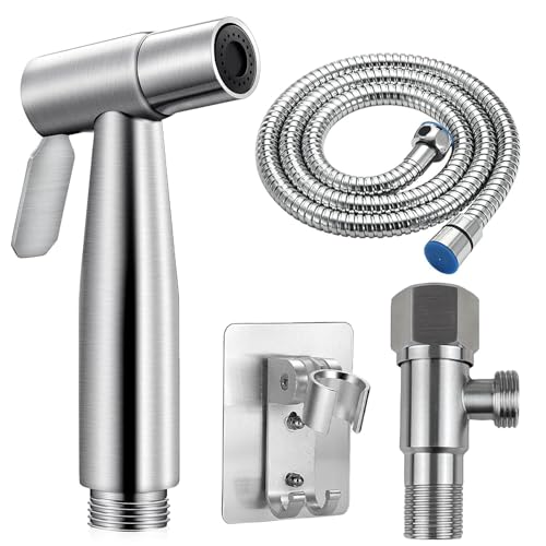 Bidet de Mano para Inodoro Kit, 4 Unidades - Ducha Higiénica Acero Inoxidable con Válvula Angular 1/2' y Manguera G3/8' para Baño, Limpieza Íntima y WC