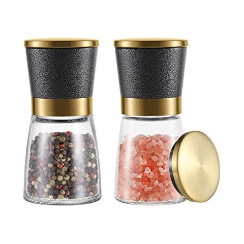 Vevouk Premium Marble Style Golden and Black Modern Salt and Pepper Mill Set, Cristal Glass Transparent and refillable Spice Grinder, Smooth Ceramic Spice Grinders with Easy Adjustable Coarseness Cover
