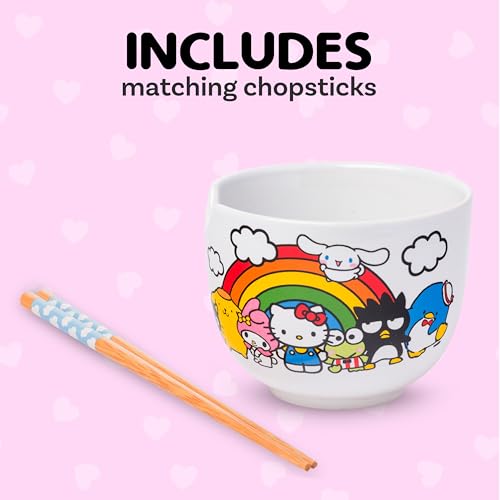 Silver Buffalo Sanrio Hello Kitty and Friends Rainbow Featuring Chococat, Pompompurin, My Melody, Keroppi, Badtz-Maru, Tuxedo Sam, Cinnamoroll Ceramic Ramen Rice Bowl with Chopsticks, 20 Ounces — view 3