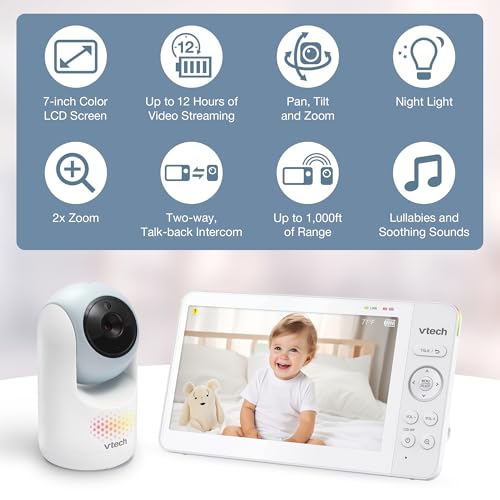 Image of VTech Baby Monitor No WiFi, 7 inch IPS Screen, 5000mAh 12Hr Battery, 360 Pan Tilt Zoom, Night Vision, Multi-Color Night Light, 2-Way Talk | Advanced Max Blue