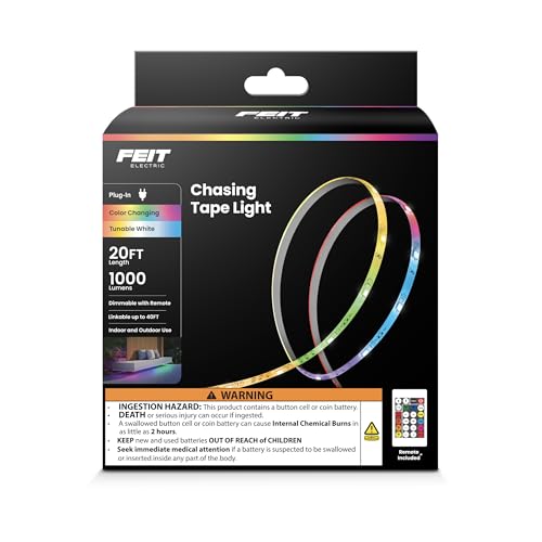 Image of Feit Electric 20ft Chasing & Tunable White LED Tape Light, RGB Colors, Dimmable, Cut-to-Size, Linkable Up to 40ft, Remote Control, Indoor /Outdoor Plug-in Light Strip, Slim 0.4in Width, TAPE240 /CHASE