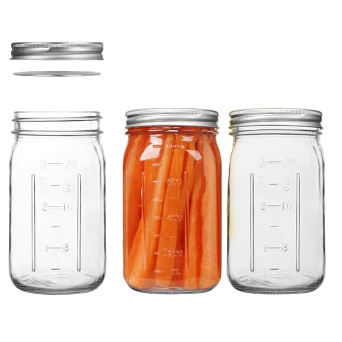AOSEE Lot de 3 bocaux Mason à large goulot de 1 l avec couvercles hermétiques et bande Bocaux de rangement en verre pour mise en conserve, fermentation, marinage, Confiture Maison (32oz/1000ml)